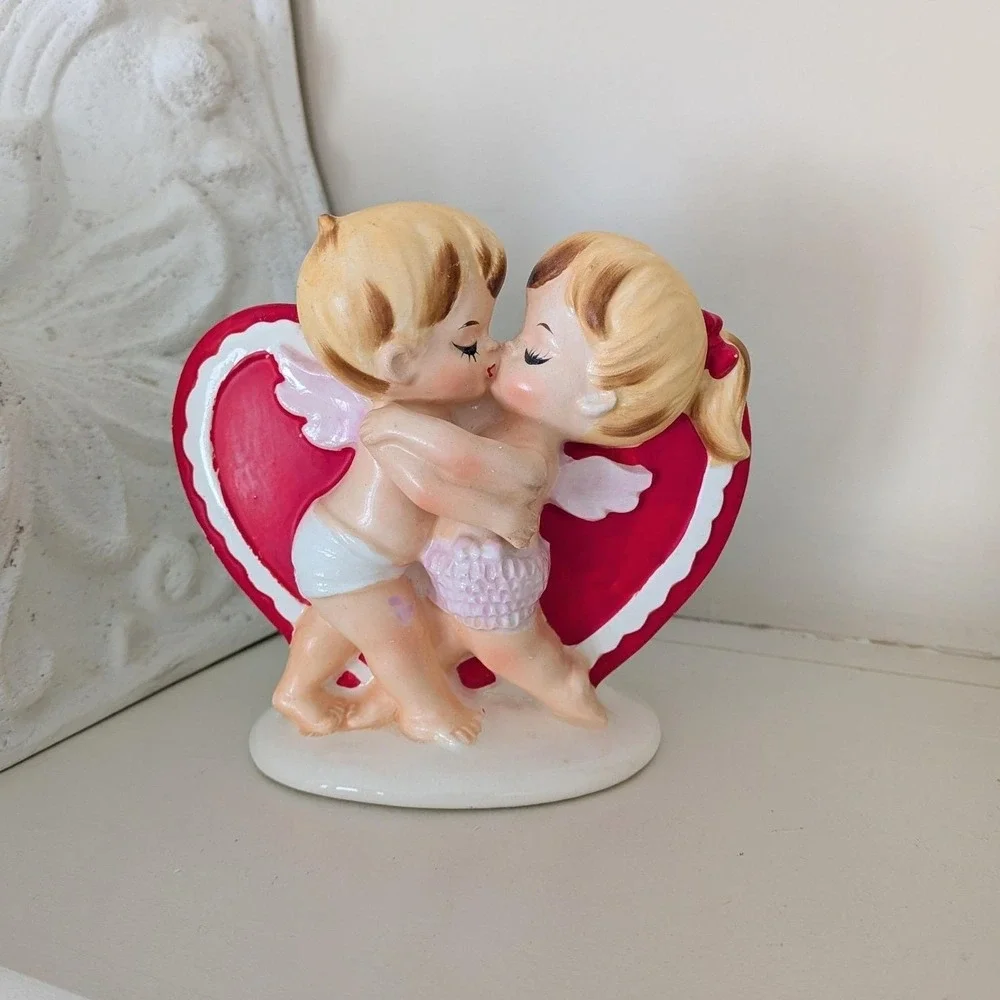 Vintage Lefton‎ Kissing Cherubs Heart Valentine Ceramic Planter Japan 2773
